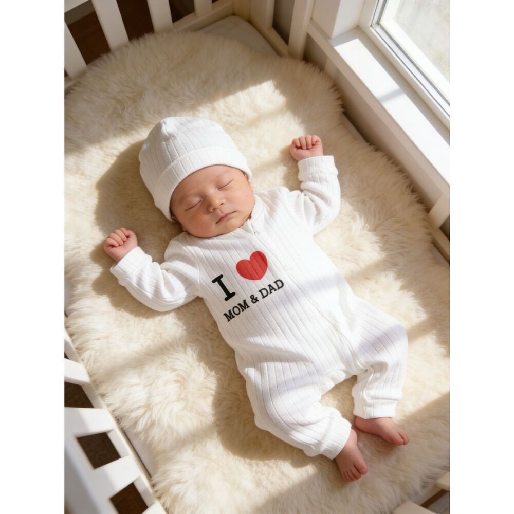 Neutral Organic Cotton Super Soft Baby Romper & Hat set I love mom & dad